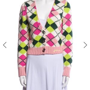 Ganni Pink and Green Argyle Cardigan